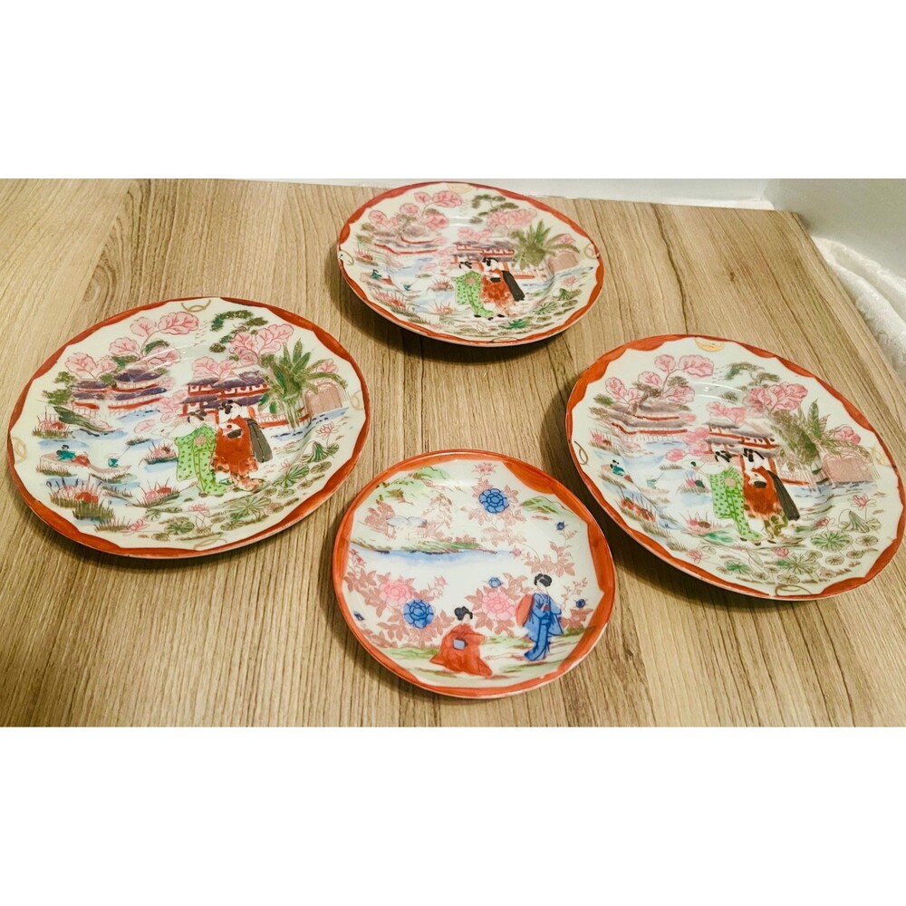 vintage hand painted 3 plates and a saucer Japanese porcelain Geisha Girl